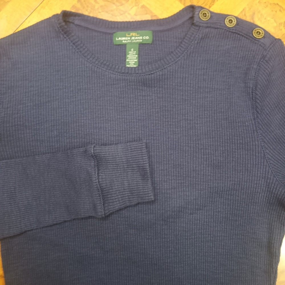 Lauren Ralph Lauren Navy Blue Thermal Knit Button Shoulder Top Womens Small